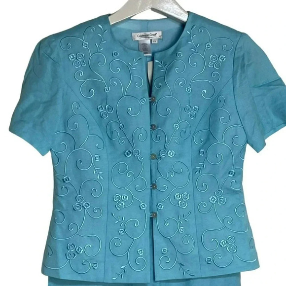 Coldwater‎ Creek 6P turquoise blue short sleeve linen blend embroidered skirt - Picture 6 of 10